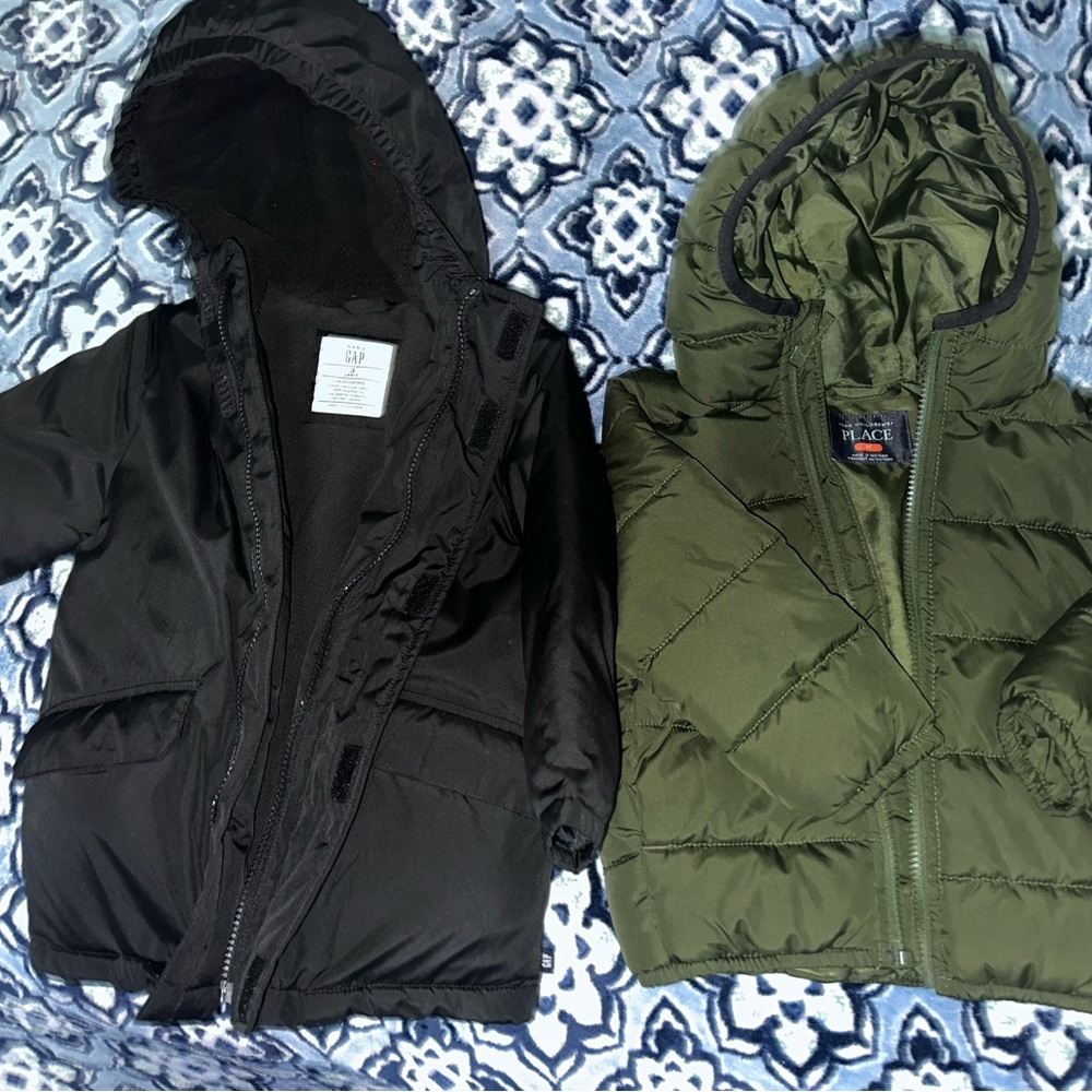 The Children's Place Green Puffer Jacket and black Gap coat